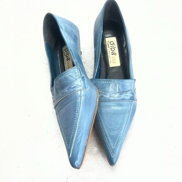 Diba USA Muted Blue Leather Pointed Toe Kitten Heel Loafers Womens Size 5.5M - Picture 2 of 10